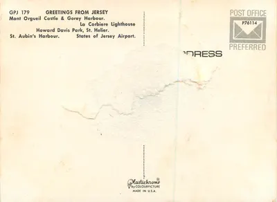 Jersey — Castelo de Mont Orgueil e Porto de Gorey, Farol de La Corbière, Parque Howard Davis, Porto de St. Aubin’s, Aeroporto dos Estados de Jersey — Verso