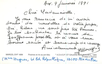 Bukiet kwiatów — Najlepsze życzenia — Marcel Dyf 1899, A.D.A.G.P. i Galeria Braun S.A.R.L. 1985 — Rewers