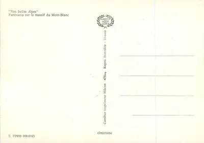 Panorama na masie Mont-Blanc — 'Nasze piękne Alpy' — Wydawca Combier, Mâcon, nr PP999 000.0105 — Rewers