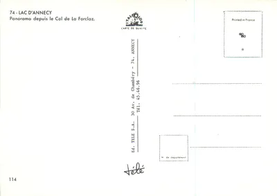 Lago de Annecy — vista do col de La Forclaz — Éd. TELE S.A., Annecy, n° 114 — Verso
