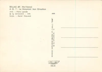 Bellac (87) - Pomnik Jean Giraudoux — wydawca CIM, nr 000 — Rewers