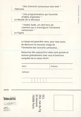 Orchestre des Concerts Lamoureux — Season 96-97 — Guest Conductor Yutaka Sado — Back