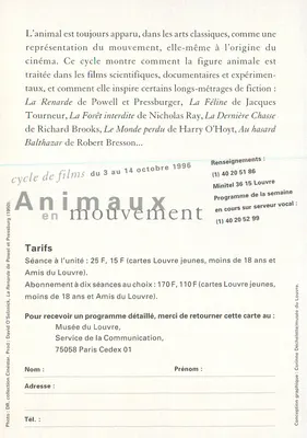 Cykl filmów Zwierzęta w ruchu — Audytorium Louvre, 3-14 października 1996 — Rewers