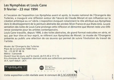 The Water Lilies and Louis Cane — exhibition at the Musée de l'Orangerie, 9 February - 23 May 1994 — Back
