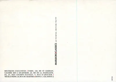 Fahrer in einem Auto — Werbeansichtskarte für Marlboro Classics — Herbst-Winter-Ausgabe 98/99 — Rückseite