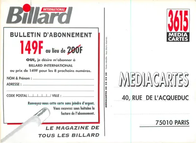 Billard International — Abo-bulletin — Antieke ansichtkaart 3615 — Achterkant