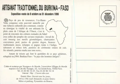Tradycyjne rzemiosło Burkina-Faso — wystawa-sprzedaż 8 października–31 grudnia 1996 — Villages du Monde — Rewers