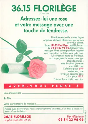 36.15 Florilège — Telephone advertisement for sending a rose and message — Hauteuil & Cart'com — Back