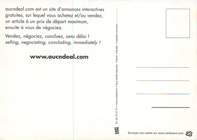 Esqueleto com peixe esquelético — publicidade para aucnddeal.com — editor CART.COM, número de série não visível — Verso