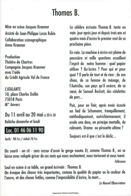 Thomas B. — peça de Jacques Kraemer — Teatro L'Atalante, Paris — Verso