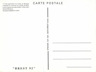 Carta particular das Costas da Bretanha — Contendo os arredores da Baía de Brest — gravada por ordem do Rei em Paris em 1693 — Documento SHOM N° 61WN — Verso