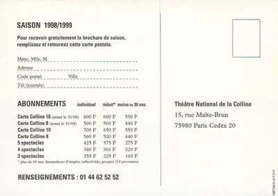 Temporada 1998/1999 — Teatro Nacional de la Colline — Afiche de programación — Reverso