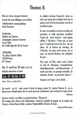 Thomas B. — Play by Jacques Kraemer — Theatre L'Atalante, Paris — Back