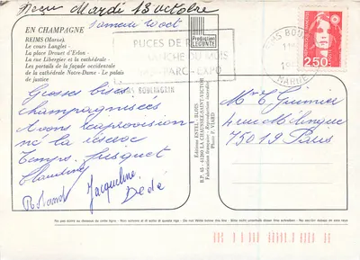 Reims — vista panorâmica com garrafa de Taittinger — Editor Estel, n° 45 — Verso