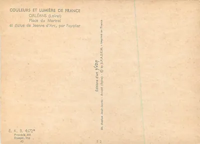 Orléans — Place du Martroi — estátua de Jeanne d'Arc por Foyatier — Éditions d'art Yvon — Verso