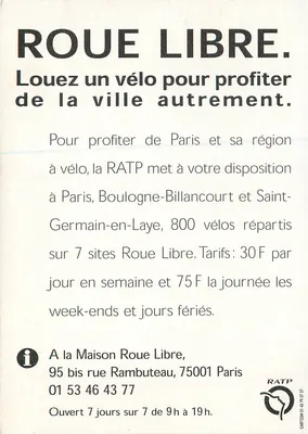 Roue Libre — Bicicletas em Paris e região — RATP — Verso