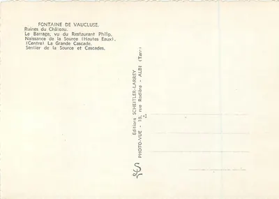 Fontes de Vaucluse — Ruínas do castelo, barragem, nascente e cachoeiras — Edições Scheitler-Larrey — Verso