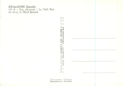 Aix-les-Bains (Savoie) — Widok z powietrza — Mały Port, w tle Góra Revard — Wydawnictwo Combier, Drukarnia Macon — Rewers