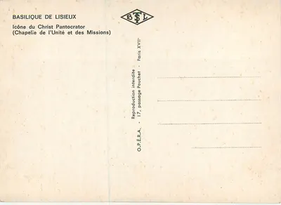 Ikona Chrystusa Pantokratora — Bazylika w Lisieux — O.P.É.R.A. Paryż XVII — Rewers