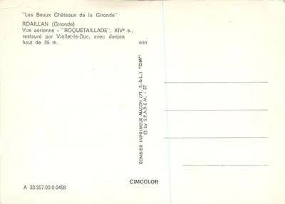 Château de Roquetaillade — vue aérienne restauré par Viollet-le-Duc — éditeur CIMCOLOR — Verso