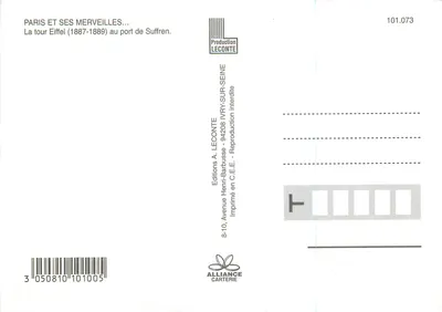 A Torre Eiffel — 1887-1889 no porto de Suffren — Edições A. LECONTE n°101.073 — Verso