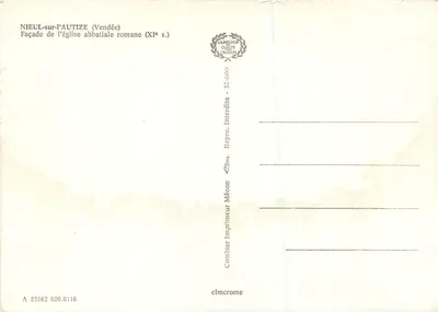 NIEUL-sur-l'AUTIZE (Vendée) — FACHADA DA IGREJA ABBADIAL ROMANA (SÉCULO XI) — Cing — Verso