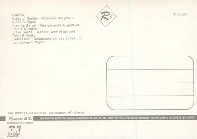 Jezioro Garda — Ogólny widok z golfu i punktu S. Vigilio — Rivetta Souvenirs, nr 315-025 — Rewers