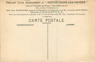 Notre-Dame-des-Neiges — projeto de monumento no thuron de Gavarnie — Carte postale do Club Alpin (S.S.O.) — Verso