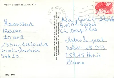 Pociąg parowy Cugnota. 1771 — Reprodukcja — Muzeum Technik C.N.A.M. — Rewers