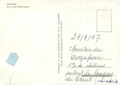 Mardin - Escuela de Zinçiriye — Monasterio de Dorzafoven — Editor A. Avni Saruhan, n°1241 — Reverso
