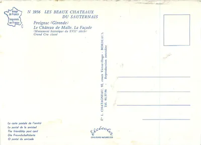 Castelo de Malle — Preignac (Gironde) — Editor Elcée, N° 3956 — Verso