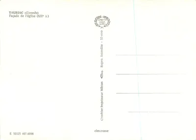 Tauriac (Gironde) — Fachada da igreja (século XII) — Combier Imprimeur Mâcon — Verso