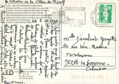 A Bretanha — carta turística com foto de mulher em traje tradicional — Éditions Dubray, n°46 — Verso
