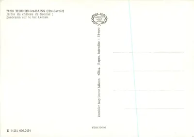 Thonon-les-Bains — Giardino del castello di Sonnaz ; panorama sul lago Léman — Editore Combier, Mâcon — Verso