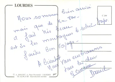 Lourdes — Vista aérea e gruta — Retrato de Bernadette Soubirous — Editor A. Doucet, n° C 264 — Verso