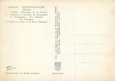 Verdun-Douaumont — Denkmal der Sieges, Ossuar, Luftaufnahme, Brücke und Tor Chaussée — Verlag La Cigogne, Reims — Rückseite