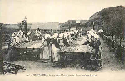 Port-Louis — Mulheres das Fábricas colocando suas sardinhas para secar — Editora Imp. C.E.E. n° 601