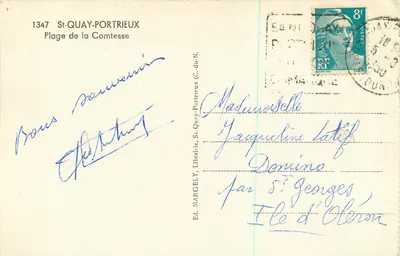 Plage de la Comtesse — St-Quay-Portrieux — Éd. MARGELY, Librairie, St-Quay-Portrieux (C.-du-N.) — Verso