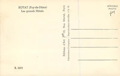 ROYAT (Puy-de-Dôme) — Os grandes Hotéis — Éditions d'Art Martel, Paris — Verso