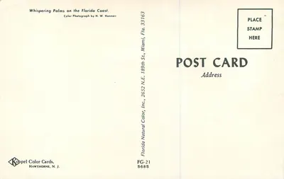 Szeptające palmy na wybrzeżu Florydy — fotografia kolorowa autorstwa H. W. Hannau — Koppel Color Cards, Hawthorne, N.J. — Rewers