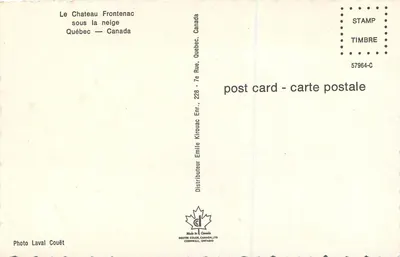 Zamek Frontenac — pod śniegiem — Dexter Color, Kanada, nr 57964-C — Rewers