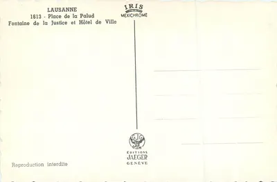 Lausanne — Place de la Palud, Fontaine de la Justice e Hôtel de Ville — Éditions Jaeger — Verso