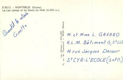Montreux (Szwajcaria) — Jezioro Leman i Zęby Południowe (3.260 m.) — Wydawnictwo J. CELLARD — N° E 6612 — Rewers