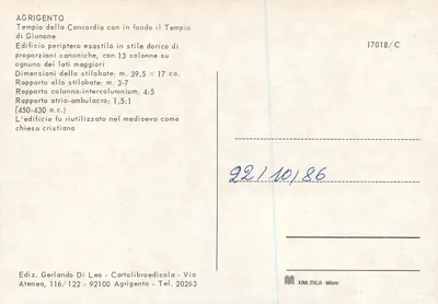 Agrigento — Tempel Konkordii z tłem Tempelu Junony — Kina Italia, n° 17018/C — Rewers