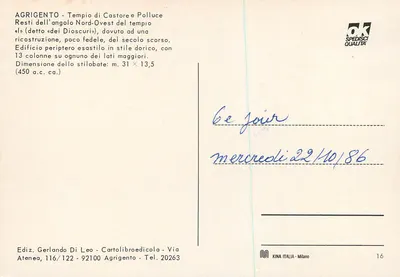 Agrigento - Tempio di Castore e Polluce — Resti dell'angolo Nord-Ovest — Wydawnictwo Gerlando Di Leo — Rewers