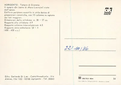 Agrigento - Tempio di Giunone (detto di Hera Lacinia) — widok z powietrza — wydawca Gerlando Di Leo, seria nr 54 — Rewers
