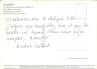 Dois lobos — ilustração aquarela — Éditions du Gévaudan, série 1994 — Verso