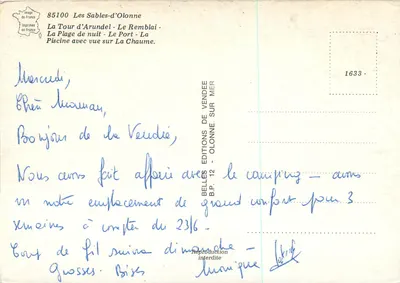 Les Sables d'Olonne — widok nocny, plaża, port i wieża — Éditions de Vendée — Rewers