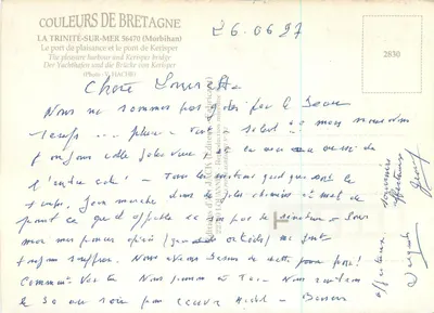 La Trinité-sur-Mer — porto e vela colorida — editor Couleurs de Bretagne, n°2830 — Verso