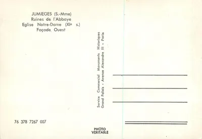 Jumièges (S.-Mme) — Ruínas da Abadia, Igreja Notre-Dame (século XI) — Facha Oeste — Serviço Comercial Histórico Monumentos Grand Palais Alexandre III - Paris — Verso